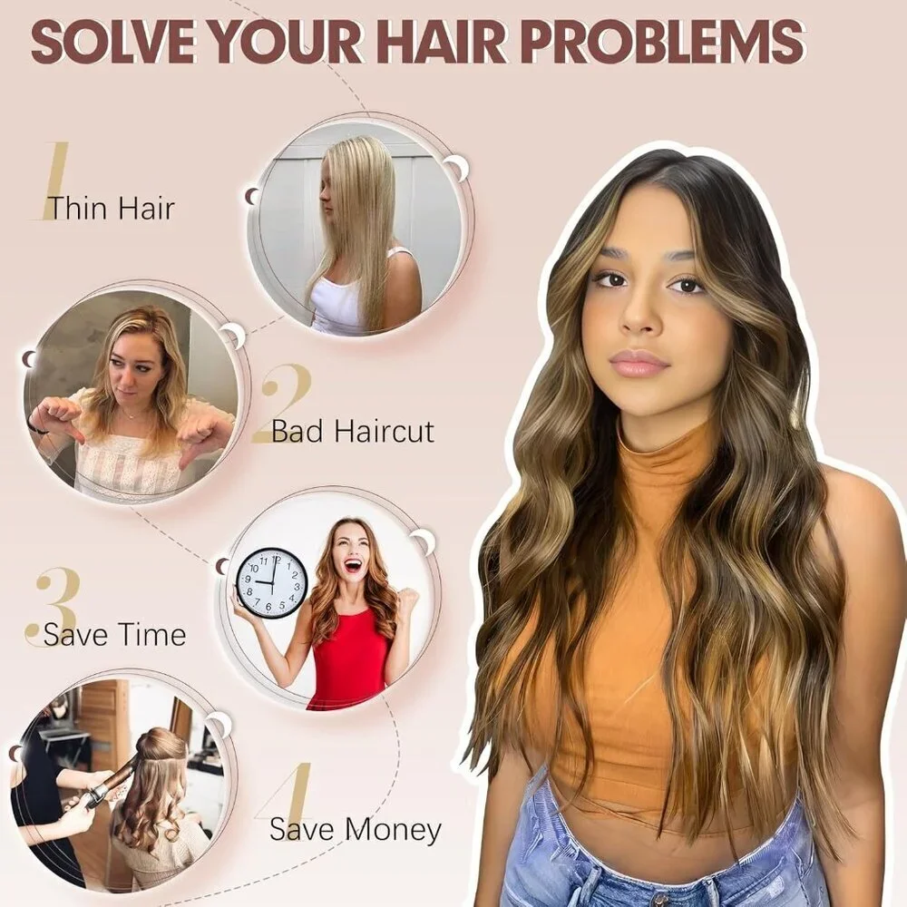 Clip in Hair Extensions Synthetic 20 In Wavy Highlighted for Women - Picture 5 of 8